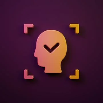 Orange-yellow Face recognition with check mark icon isolated on purple back.. Stock Illustration