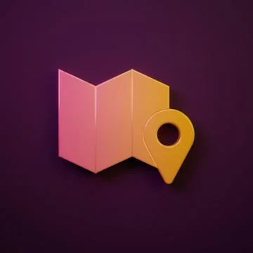 Orange-yellow Folded map with location marker icon isolated on purple backg.. Stock Illustration