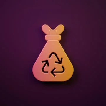 Orange-yellow Garbage bag with recycle symbol icon isolated on purple backg.. Stock Illustration