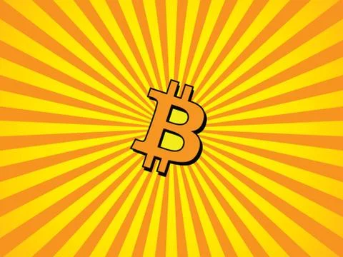 Orange-yellow rays background with Bitcoin symbol in the center. Beams of lig Stockillustratie