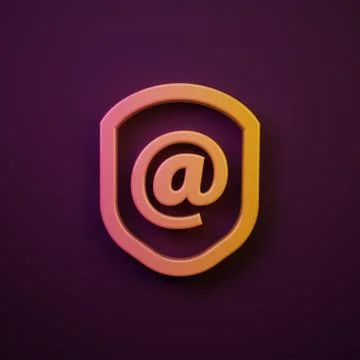 Orange-yellow Shield with mail and e-mail icon isolated on purple backgroun.. Stock Illustration