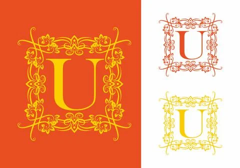 Orange yellow of U initial letter in square classic frame Stock Illustration