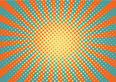 Orange, yelow and blue rays and dots pop art background. retro vector 스톡 일러스트