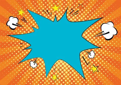 Orange, yelow rays and dots pop art background. clouds and speech star bubble Illustrazione stock