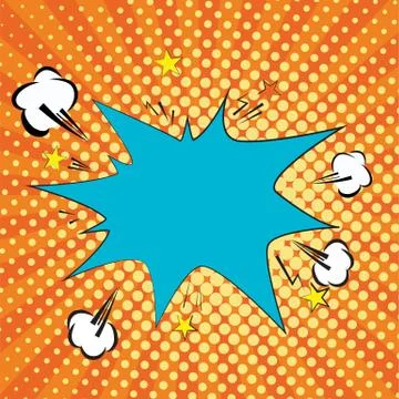 Orange, yelow rays and dots pop art background. clouds and speech star bubble Illustrazione stock