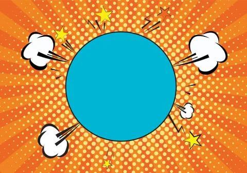 Orange, yelow rays and dots pop art background. clouds and speech circle bubble Stock Illustration