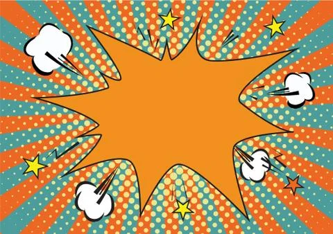 Orange, yelow rays and dots pop art background. clouds and speech star bubble Stock Illustration