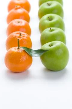 Oranges and apples in rows on a white background - clementines and granny smi Stock Photos