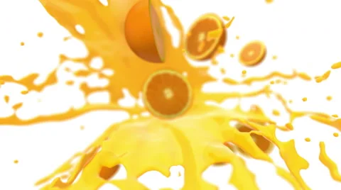 Oranges floating in the air with splashes and drops of spilled orange juice Stock-Footage 61075374