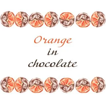 Oranges fruit in chocolate. Frame on a white background. Illustrazione stock