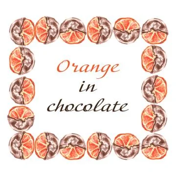 Oranges fruit in chocolate. Frame on a white background. Stock Illustration