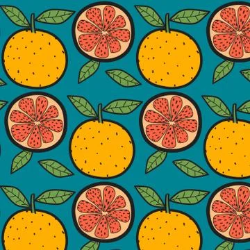 Oranges Fruit Pattern With Blue Background. Hand Drawn Vector Illustration. Stock Illustration