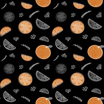 Oranges fruit seamless pattern with citrus fruit on black background Stock Illustration