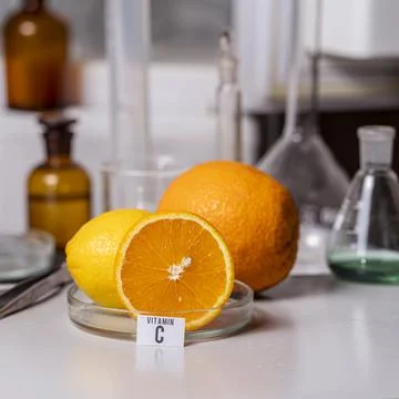 Oranges on the laboratory table with a name plate for vitamin C. Essential vi Stock Photos