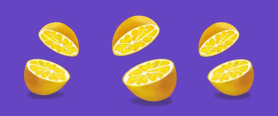 Oranges or Lemons. Cut in half. Colored background. Illustration. Illustrazione stock