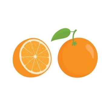 Oranges orange slice, half cut orange and front view of cut ripe orange. Stock Illustration