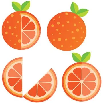 Oranges orange slice, half cut orange and front view of cut ripe orange. Set of Illustrazione stock