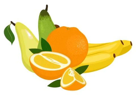 Oranges, pear and bananas. Vector illustration on a white background Stock Illustration