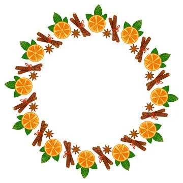 Oranges, round frame with simple abstract fruits and cinnamon. Stock Illustration