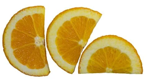 Oranges slices at different angles on white background. Real photo Stock Photos