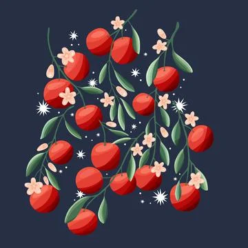 Oranges on tree branches. Tropical summer fruit, on dark blue background. Stock Illustration