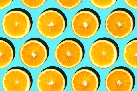 Oranges yellow top view slice blue background Stock Photos