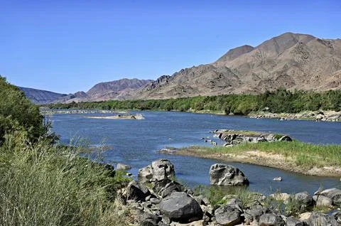 Oranje river border between Namibia and South Africa Stock Photos