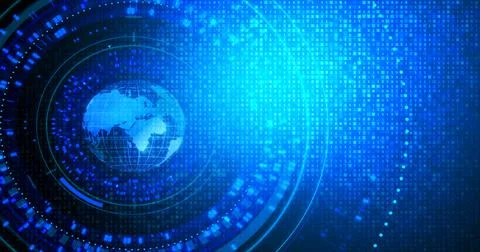 Orb globe with 0 1 digital binary number blurry background, Sphere of Earth f Stock Illustration