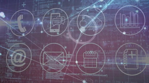 Orb presenting data traveling across icon grid lighting icons illustrating flow Stock Footage 309893447