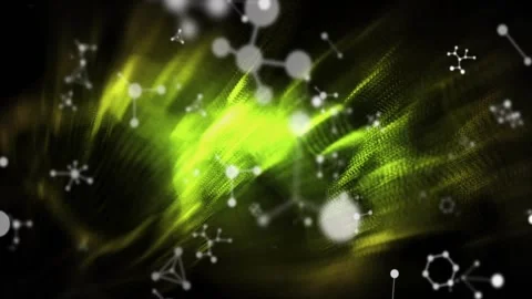 Orb racing sparking green particle cloud forming wave, fading amid molecule Stock Footage 333900566