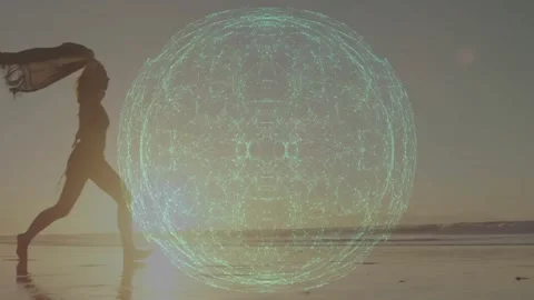 Orb rising above horizon spurring dancer tossing scarf, leaping through Stock Footage 330355621
