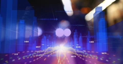 Orb starting pulsing data points, 3D towers rising and numbers updating guiding Stock Footage 312759017