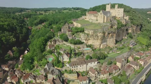 Orbit aerial shot of Beynac-et-Cazenac 4K 60fps Stock Footage 203848955