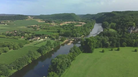 Orbit aerial shot of the valley of 5 Chāteaux near Beynac-et-Cazenac 4K 60fps Stock Footage 203849305