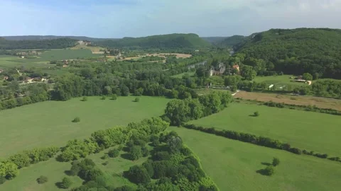 Orbit aerial shot of the valley of 5 Chāteaux near Beynac-et-Cazenac 4K 60fps Stock Footage 203849313