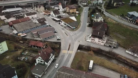 Orbit aerial view around a junction In a european, Swiss town. Stock Footage 149884184