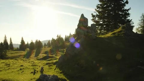 Orbit Around Big Ancient Stone, Revealing green Meadow with forest. Stock Footage 144174368