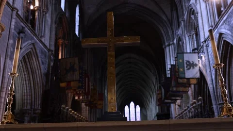 Orbit Around Cross Staged In Large Gothic European Cathedral 스톡 동영상 315245791