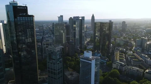 Orbit around Helaba tower with Messe skyline backdrop Stock Footage 331876063