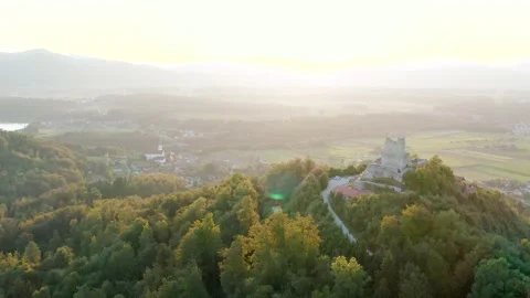 Orbit Around Medium Sized Medieval Castle Called Smlednik, In the Sunset. Stock Footage 237601788