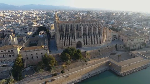 Orbit around palma cathedral during sunrise Stock Footage 101021452