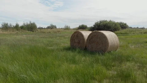 Orbit around two roud hay bales in 4K Stock Footage 100702149