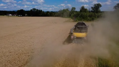 Orbit close behind a combine harvester in a cloud of dust during wheat harvest Stock Footage 340472053