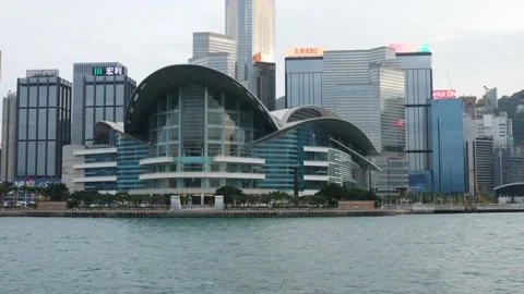 Orbit Close-up shot of the Hong Kong Convention and Exhibition Centre HKCEC Stock Footage 221600465