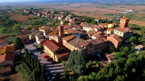 Orbit close tower drone Valiano Village 4K aeria view Tuscany landscape Stock Footage 231628724