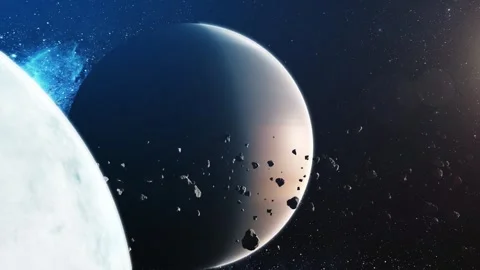 The orbit of a distant planet. Close-up. Light and darkness. Space objects. Stock Footage 251701694