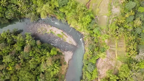 Orbit drone shot of winding rocky river flows Stock Footage 251695790