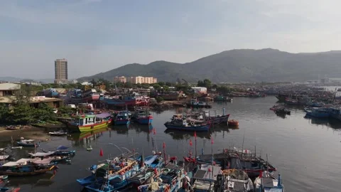 Orbit Drone View of Fishing Harbor and Mountains in Da Nang Stock Footage 340199086
