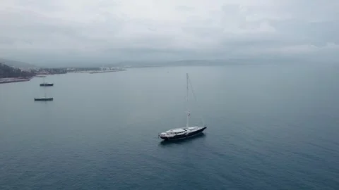 Orbit Drone View of Yacht in Tranquil Waters, South of France Stock Footage 315910050