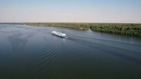 Orbit flight around stern of big passenger ship on the river Stock Footage 205827867